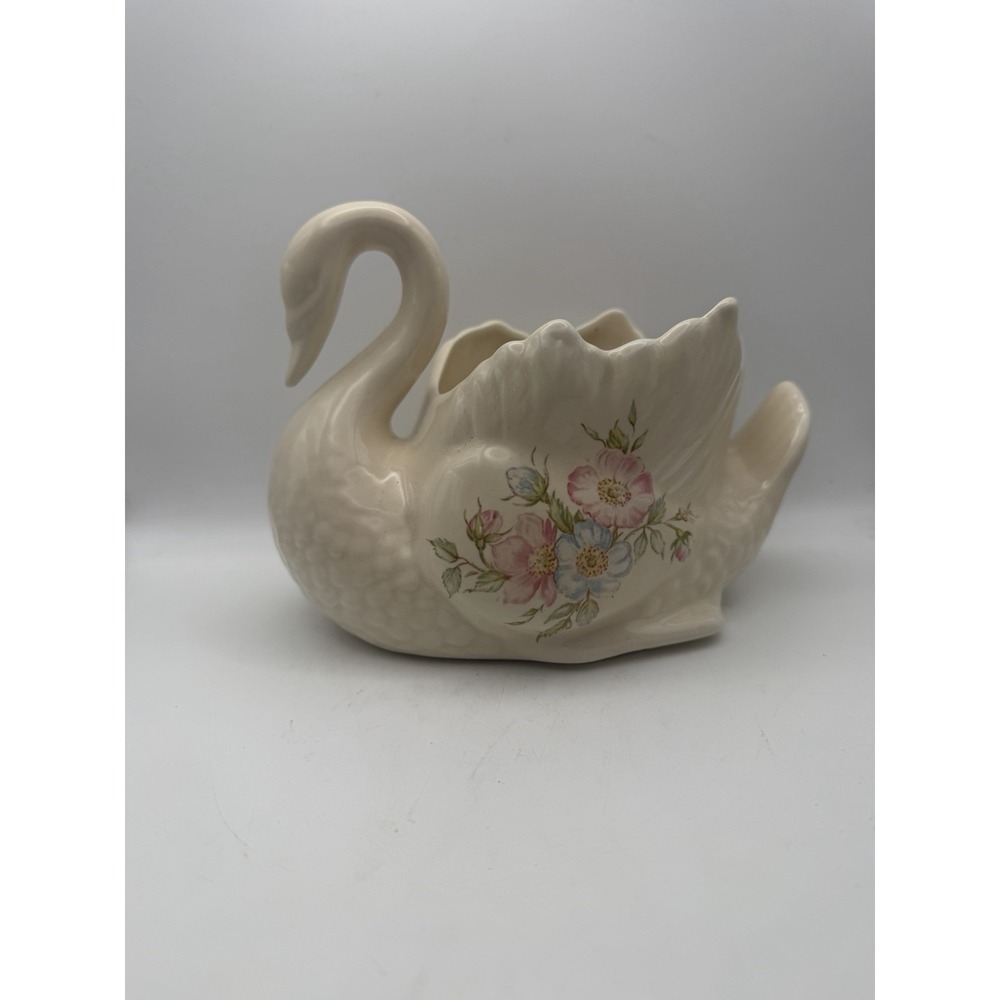 St. Michael Edwardian Lady Swan Planter Floral Ceramic Cachepot England